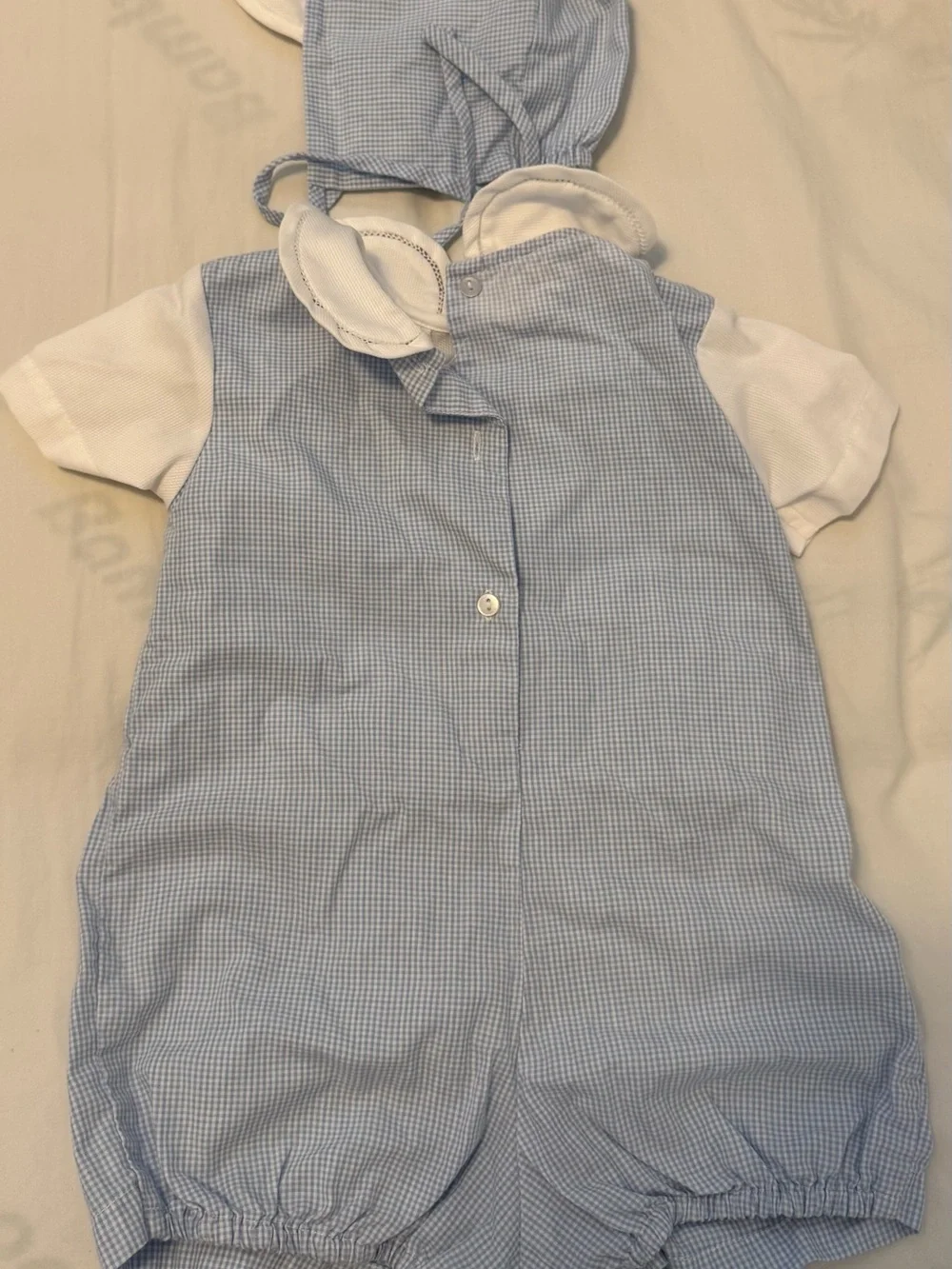 Classic Blue Gingham Baby Romper with White Collar and bonnet